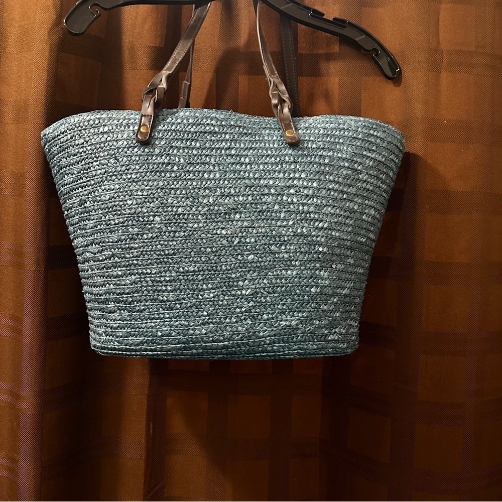 Neiman Marcus Rattan Tote Bag with Faux Leather Handles